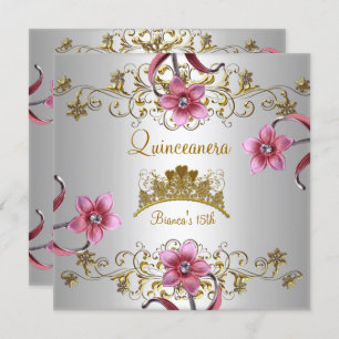 Quinceanera 15. White Pink Blume Gold Tiara Einladung
