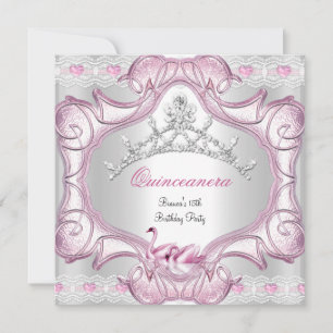 Quinceanera 15. White Pink Swans Tiara Einladung