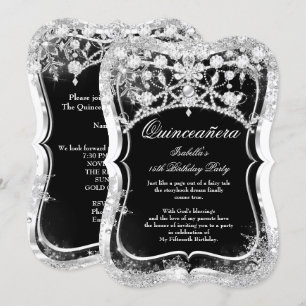 Quinceanera 15. Winter Wonderland Schwarz Silber Einladung