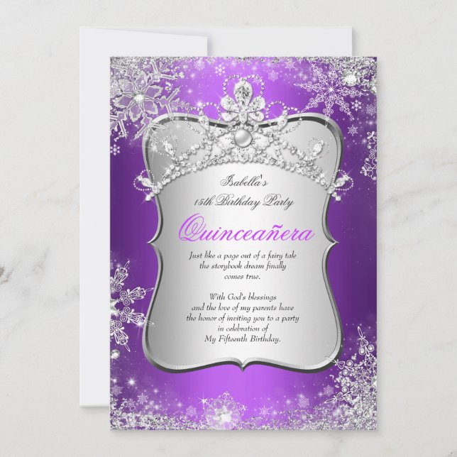Quinceanera 15. Winter Wonderland Silver Lila Einladung (Vorderseite)