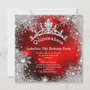 Quinceanera 15. Winter Wonderland Silver Red Einladung