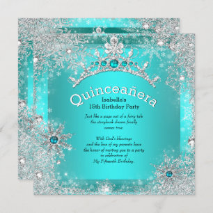 Quinceanera 15. Winter Wunderland Silber Aquamarin Einladung