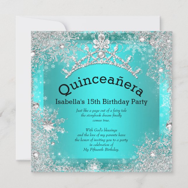 Quinceanera 15. Winter Wunderland Silber Aquamarin Einladung (Vorderseite)