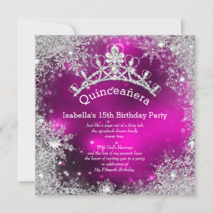 Quinceanera 15. Winter-Wunderland Silber Rosa Einladung