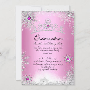 Quinceanera 15. Winter-Wunderland Silber Rosa Einladung