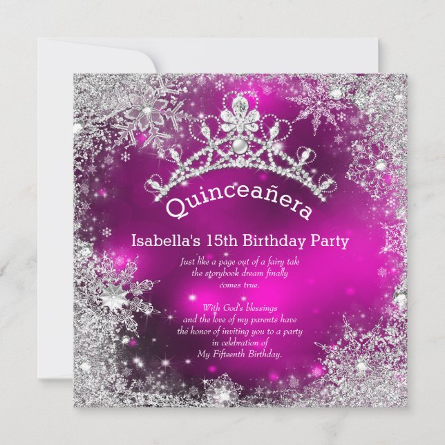 Quinceanera 15. Winter Wunderland Silver Pink Einladung (Vorderseite)