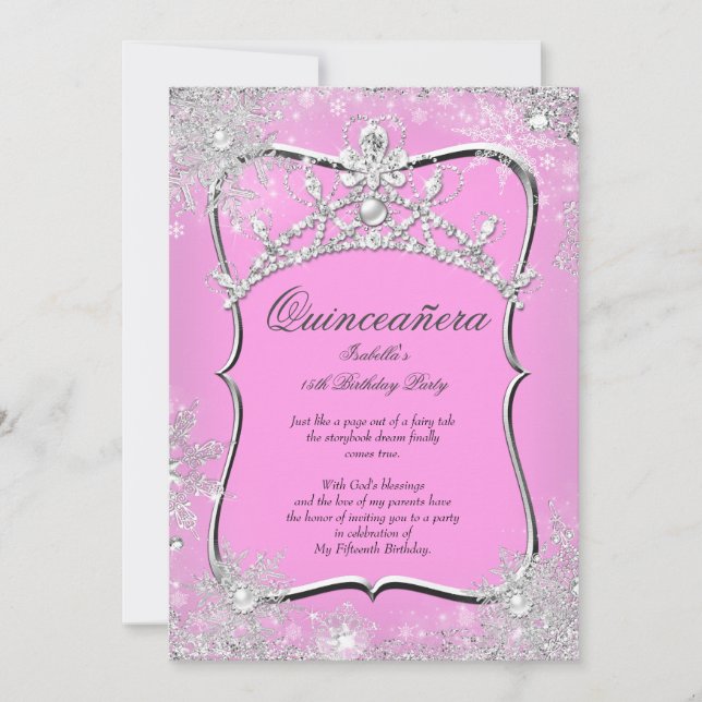 Quinceanera 15. Winter Wunderland Silver Pink Einladung (Vorderseite)
