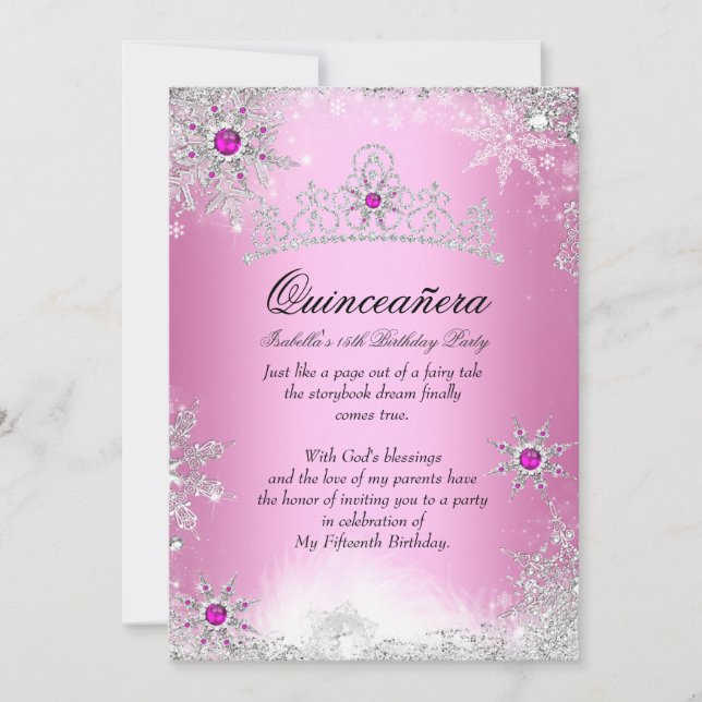 Quinceanera 15. Winter Wunderland Silver Pink Einladung (Vorderseite)