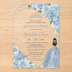 Quinceañera 16 Baby Blue Floral Prinzessin Silver Acryleinladungen