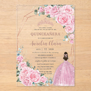 Quinceanera 16. Geburtstag Pink Floral Prinzessin Acryleinladungen