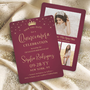 Quinceañera 3-Foto-Collage Burgund & Goldene Stern Save The Date