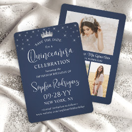 Quinceañera 3 Photo Collage Elegant Navy Blue Save The Date