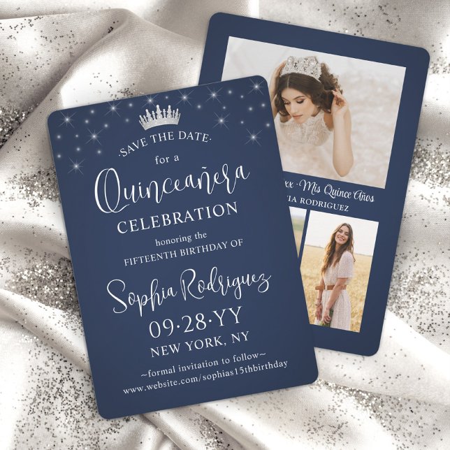 Quinceañera 3 Photo Collage Elegant Navy Blue Save The Date (Von Creator hochgeladen)
