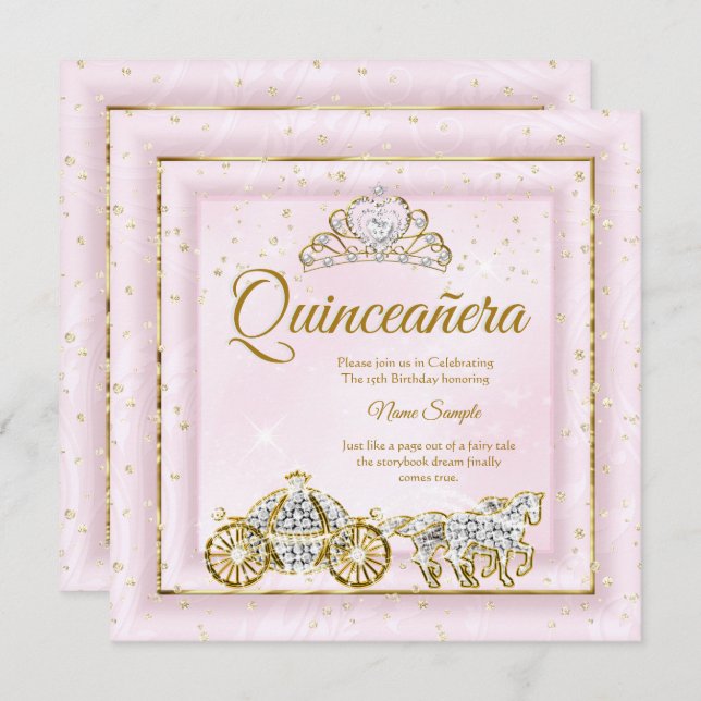 Quinceanera Ainderella Blush Pink Carriage 2 Einladung (Vorne/Hinten)