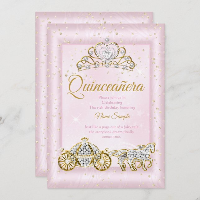 Quinceanera Ainderella Blush Pink Carriage Einladung (Vorne/Hinten)