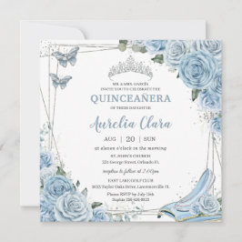 Quinceañera Ainderella Princess Baby Blue Floral Einladung