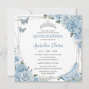 Quinceañera Ainderella Princess Baby Blue Floral Einladung