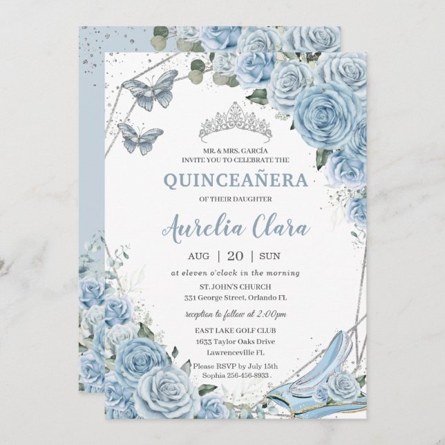 Quinceañera Ainderella Princess Baby Blue Floral Einladung (Vorne/Hinten)