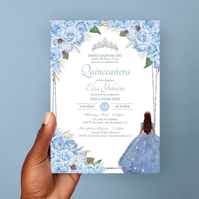 Quinceanera Ainderella Princess Blue Rose Geburtst Einladung (Von Creator hochgeladen)