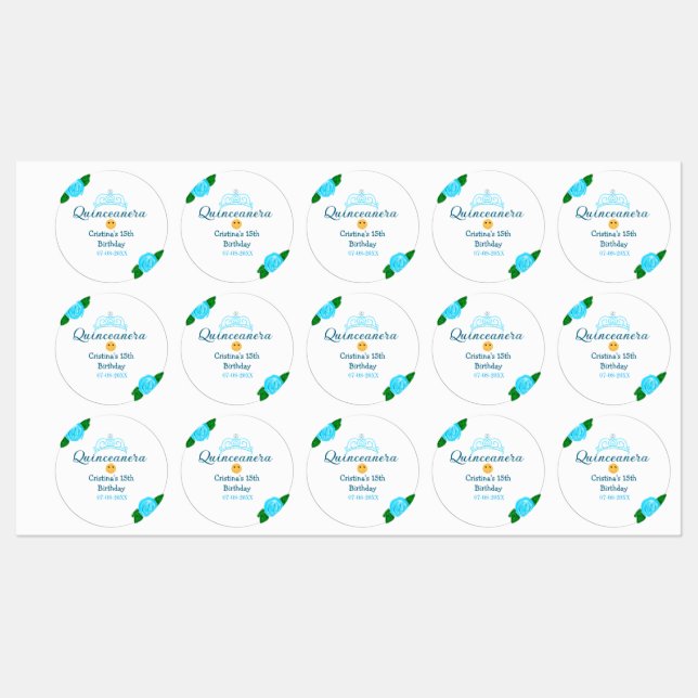 Quinceanera anos 15. Geburtstag blauen Rose Kronku Etiketten (Blatt)