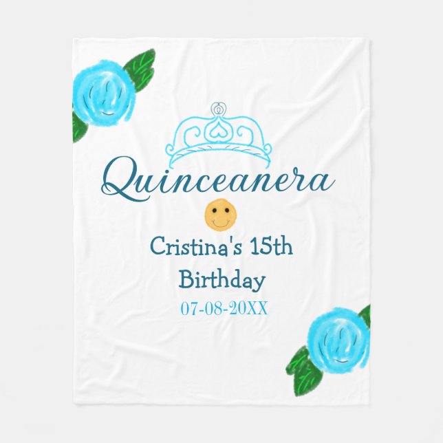Quinceanera anos 15. Geburtstag blauen Rose Kronku Fleecedecke (Vorderseite)