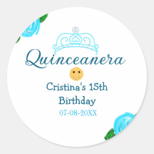 Quinceanera anos 15. Geburtstag blauen Rose Kronku Runder Aufkleber
