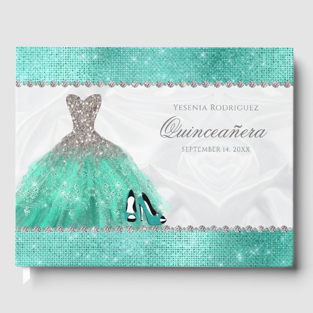 Quinceañera Aqua Diamant Sparkle Glitzer Gästebuch (Vorderseite)