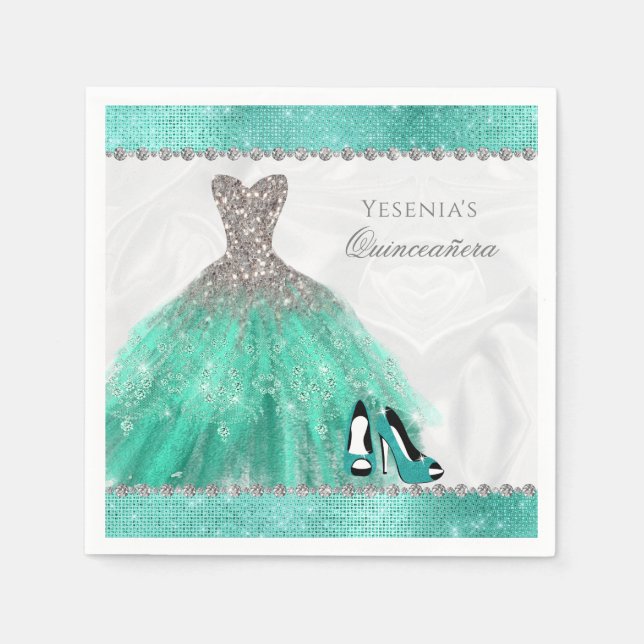 Quinceañera Aqua Diamant Sparkle Glitzer Serviette (Vorderseite)
