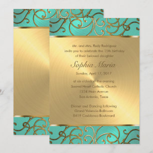 Quinceanera Aqua Green und Gold Filigree Wirbel Einladung