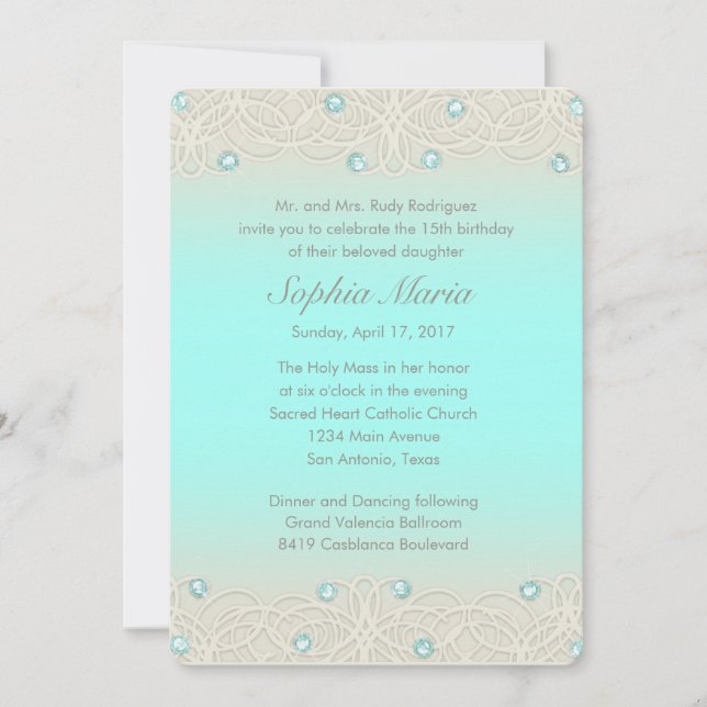 Quinceanera Aqua Sparkle und Lace Einladung (Vorderseite)