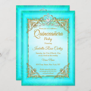 Quinceanera Aquamarin-blaue Perle Foto Gold Tiara  Einladung