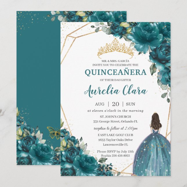 Quinceañera Aquamarin blaugrüne Blütenkrone Einladung (Vorne/Hinten)