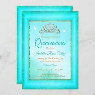 Quinceanera Aquamarin Blue Damask Gold Tiara Foto Einladung