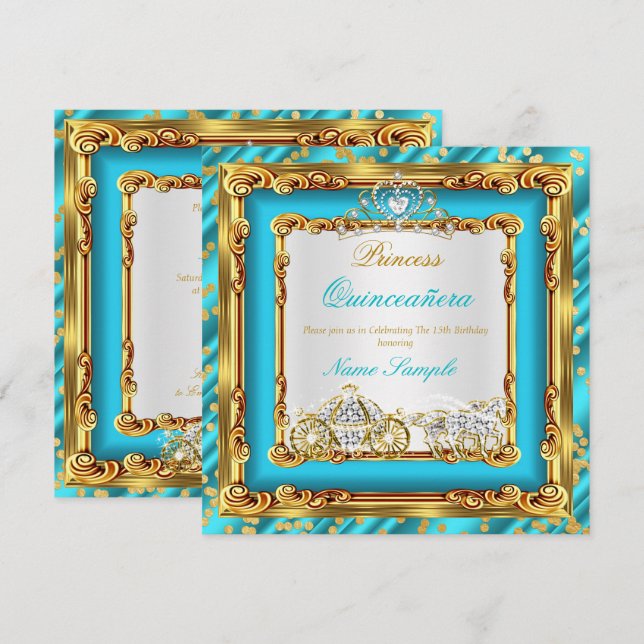 Quinceanera Aquamarin Blue Gold Diamond Horriage Einladung (Vorne/Hinten)