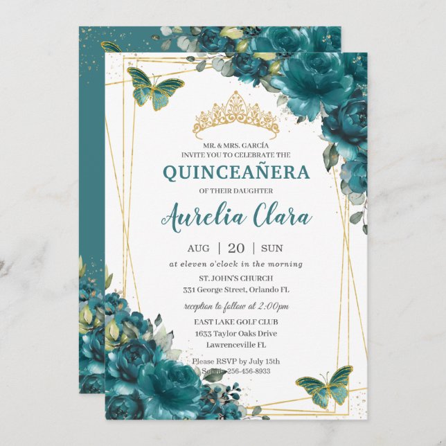 Quinceañera Aquamarin Blue Green Floral Butterflie Einladung (Vorne/Hinten)