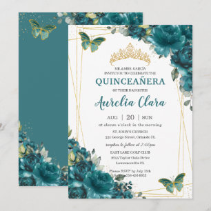 Quinceañera Aquamarin Blue Green Floral Butterflie Einladung