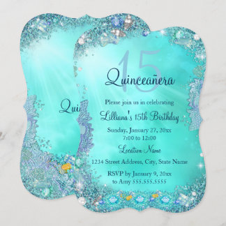 Quinceanera Aquamarin Blue Ocean Jewel Geburtstags Einladung