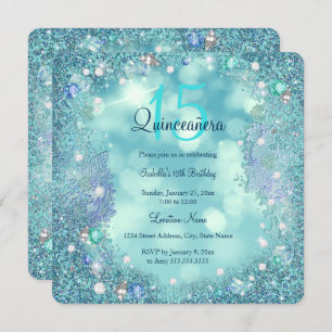 Quinceanera Aquamarin Blue Pearls Ocean Sky Geburt Einladung