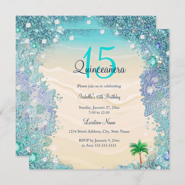 Quinceanera Aquamarin Blue Sand Ocean Beach Geburt Einladung (Vorne/Hinten)