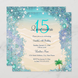 Quinceanera Aquamarin Blue Sand Ocean Beach Geburt Einladung