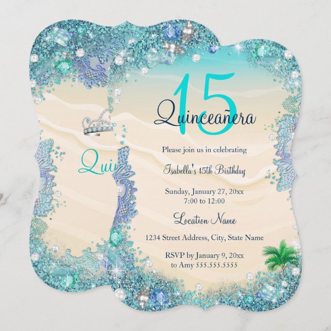 Quinceanera Aquamarin Blue Sand Ocean Beach Geburt Einladung (Vorne/Hinten)