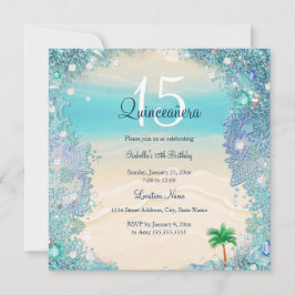 Quinceanera Aquamarin Blue Sand Ocean Beach Geburt Einladung