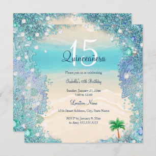 Quinceanera Aquamarin Blue Sand Ocean Beach Geburt Einladung