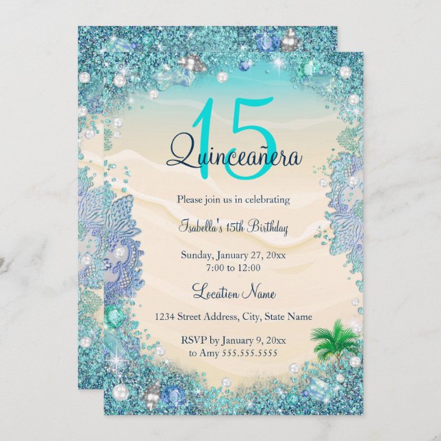 Quinceanera Aquamarin Blue Sand Ocean Beach Geburt Einladung (Vorne/Hinten)
