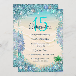 Quinceanera Aquamarin Blue Sand Ocean Beach Geburt Einladung