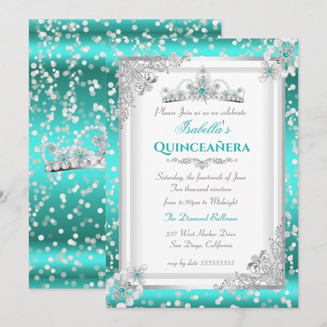 Quinceanera Aquamarin Blue Silver Snowflake Tiara Einladung (Vorne/Hinten)