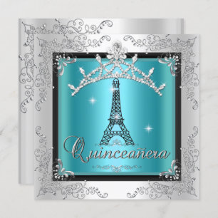 Quinceanera Aquamarin Blue Silver Tiara Eiffel Tow Einladung