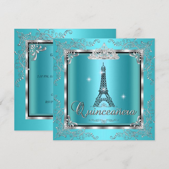 Quinceanera Aquamarin Blue Silver Tiara Eiffelturm Einladung (Vorne/Hinten)