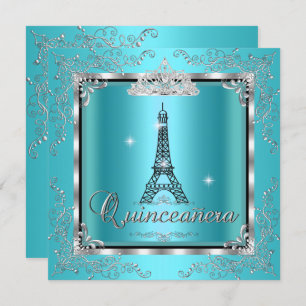 Quinceanera Aquamarin Blue Silver Tiara Eiffelturm Einladung