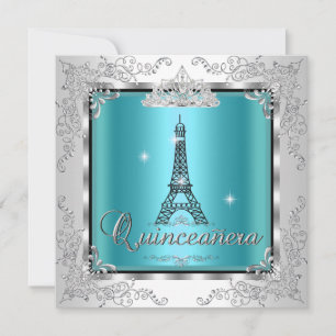 Quinceanera Aquamarin Blue Silver Tiara Eiffelturm Einladung